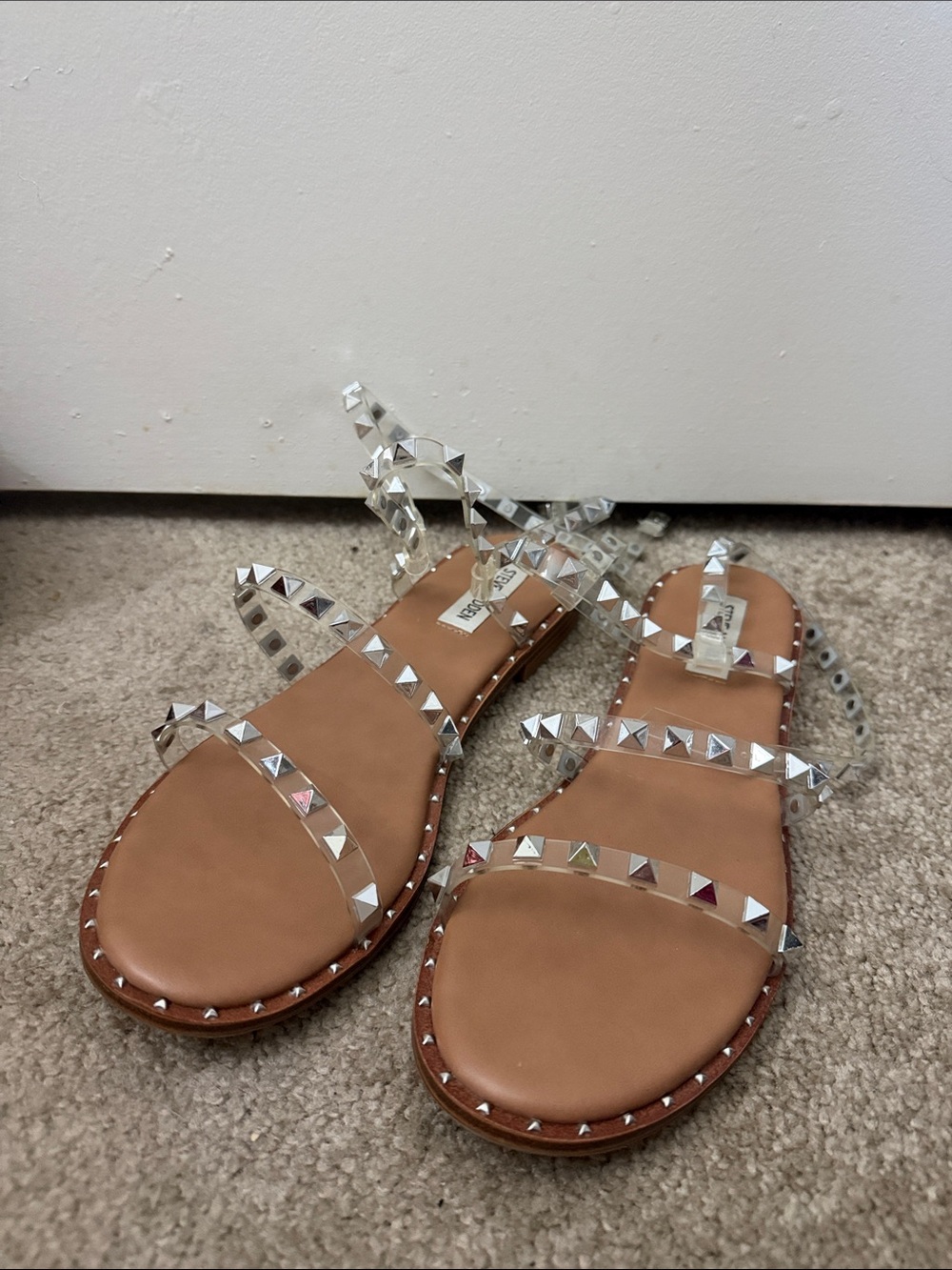 Steve Madden Tan Footbed Sandals with Clear Studded Straps